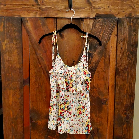 Sheer Floral Tie Strap Ruffle Cami Tank Top - Picture 1 of 2